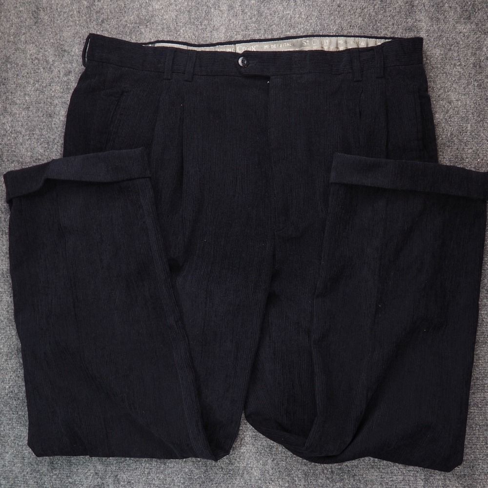 St. Croix Trousers Mens 40x29 Black Solid Corduroy Pleated Luxury Italy Designer